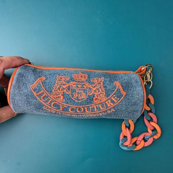 Juicy Couture Y2K Scottie Dog Denim Blue & Orange Small Barrel Wristlet. - Picture 2 of 7